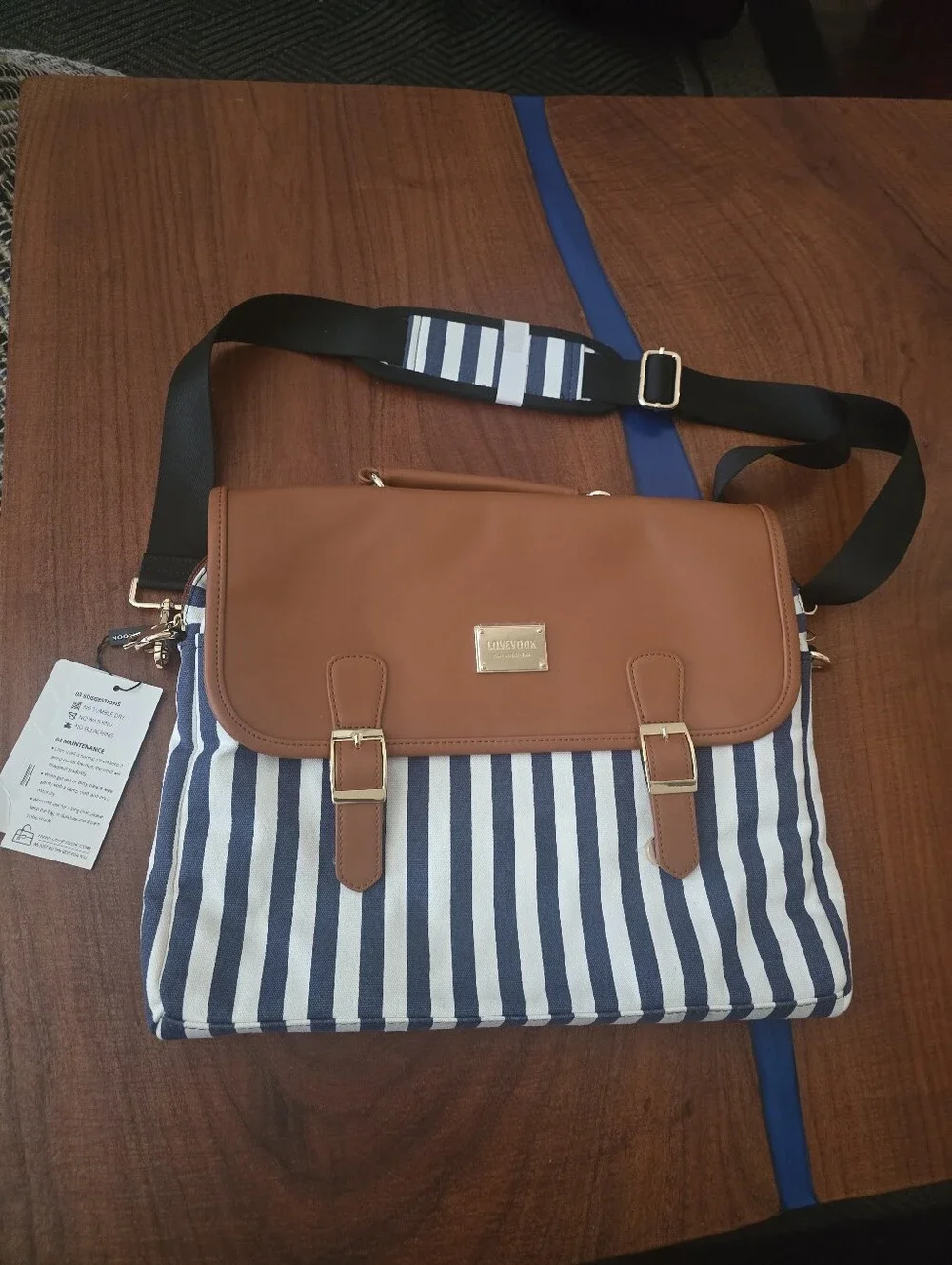 Lovevook Classic Striped Crossbody Bag - Brown, White & Navy